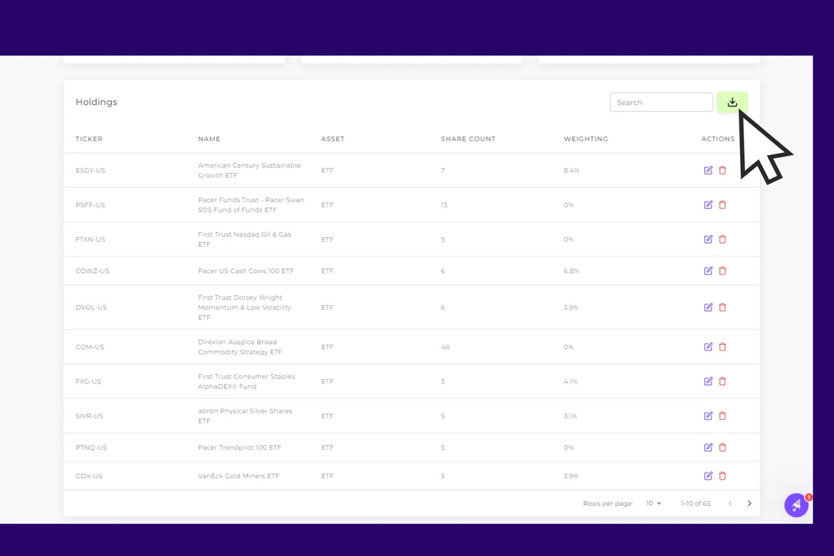 Download holdings into a CSV or Excel format