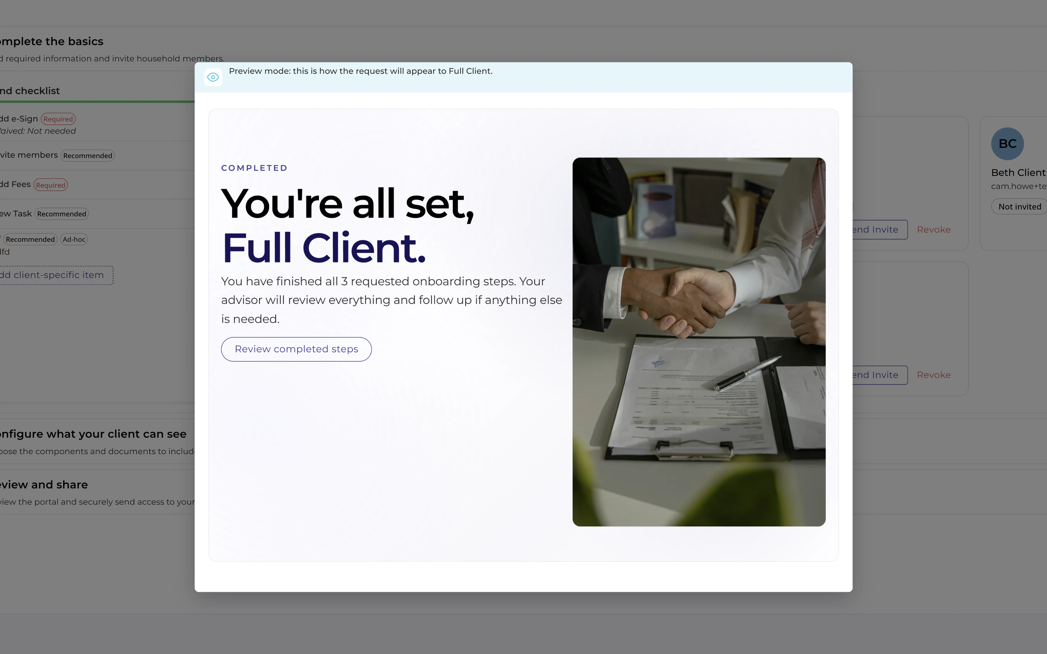 Client portal preview showing completed onboarding message before secure invite is sent