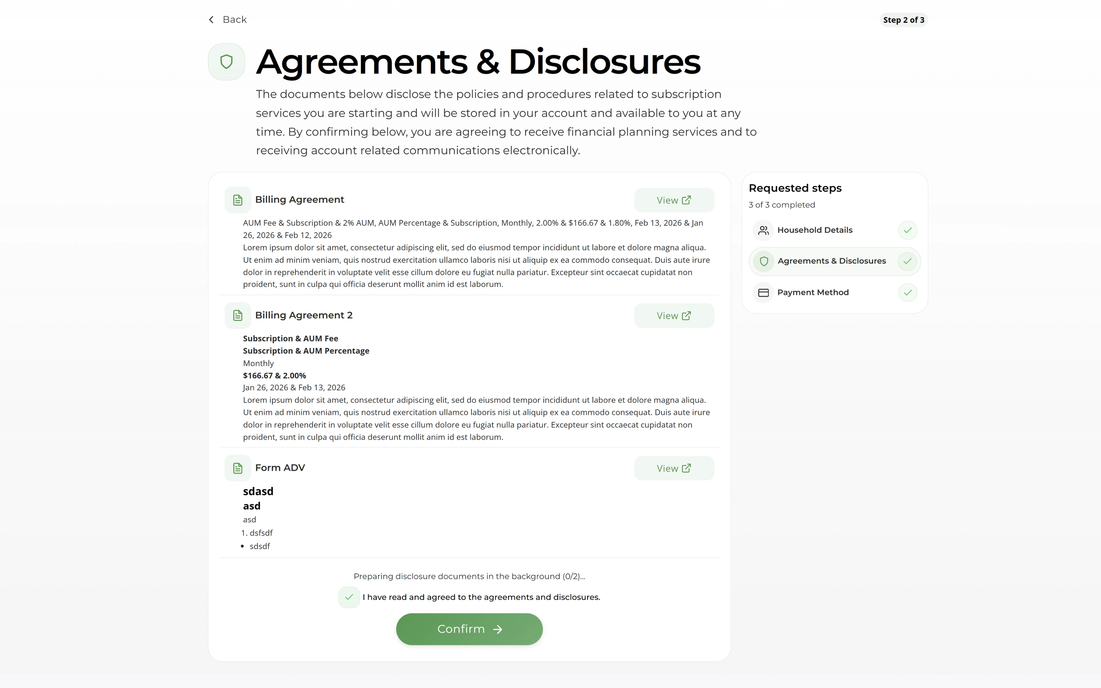 Inline document review and accept flow for advisory agreements