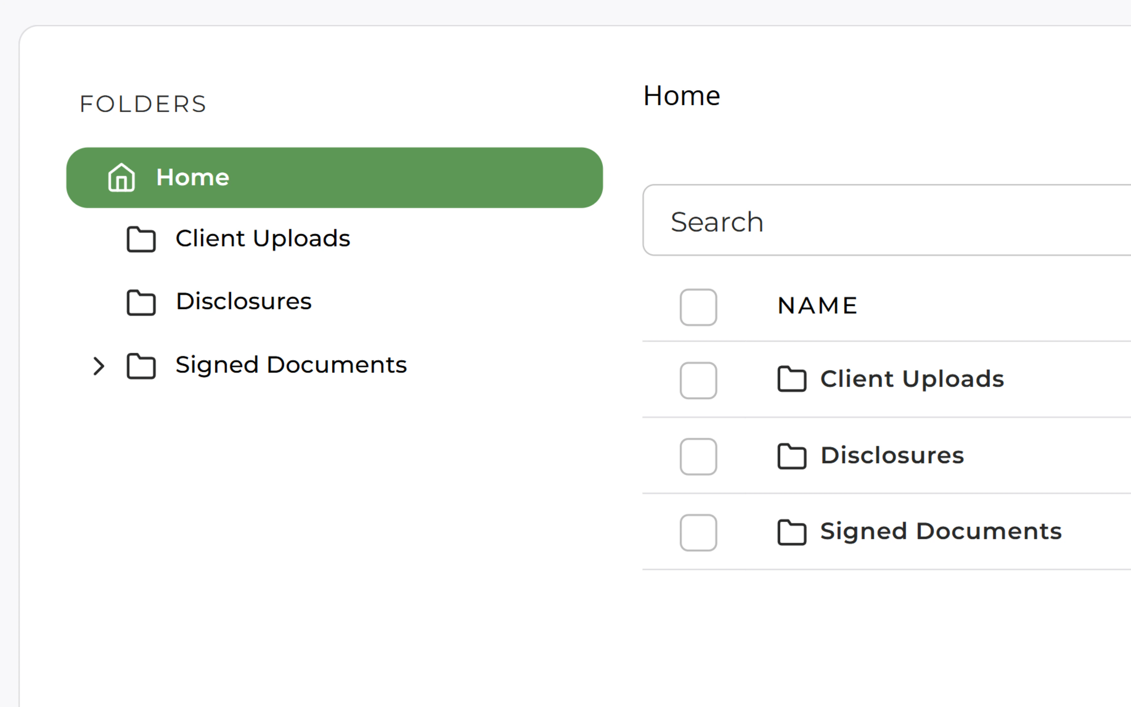 Secure client portal document vault with folders for uploads, disclosures, and signed documents