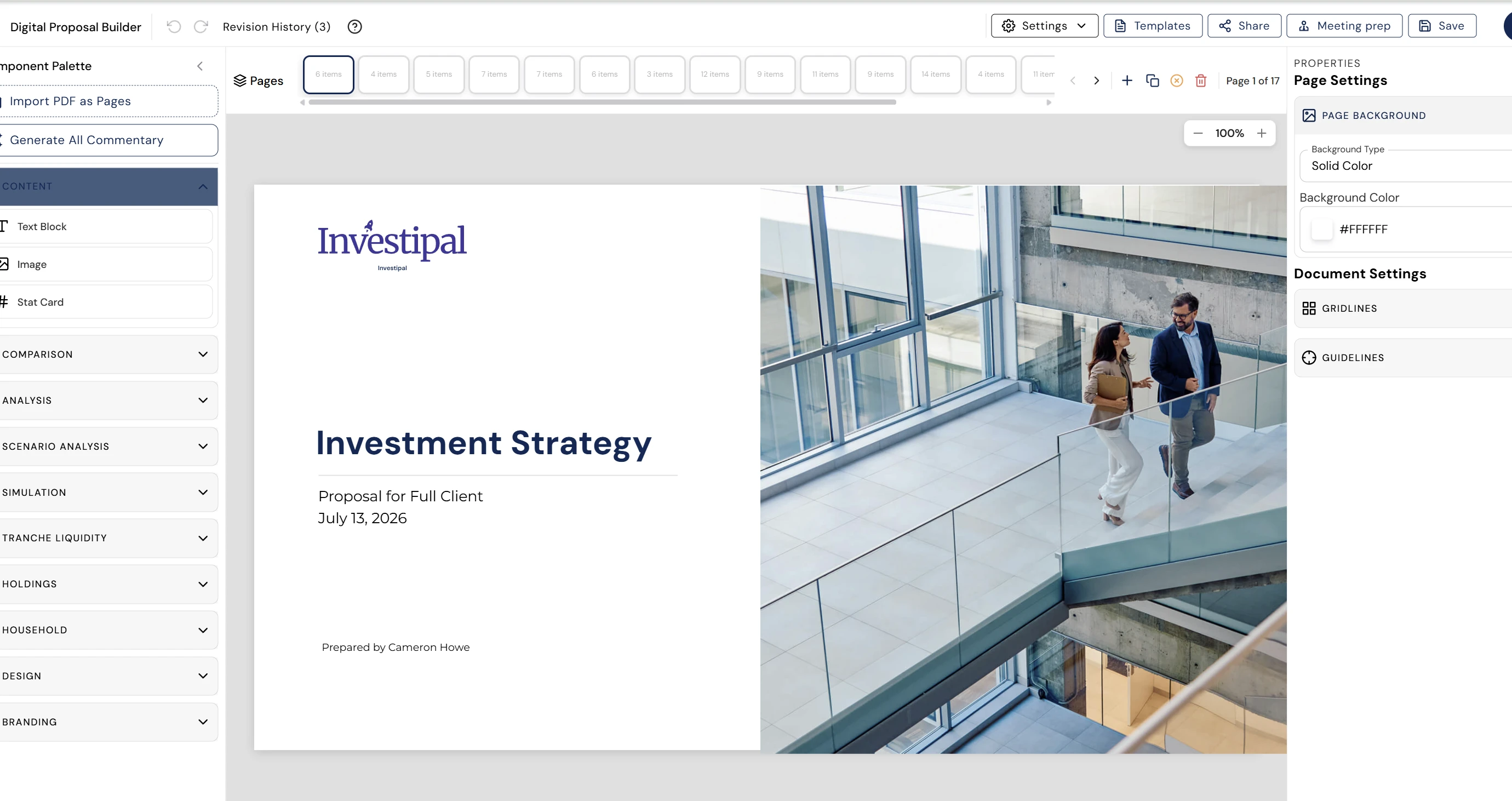 Investipal proposal cover page with professional branding and client details