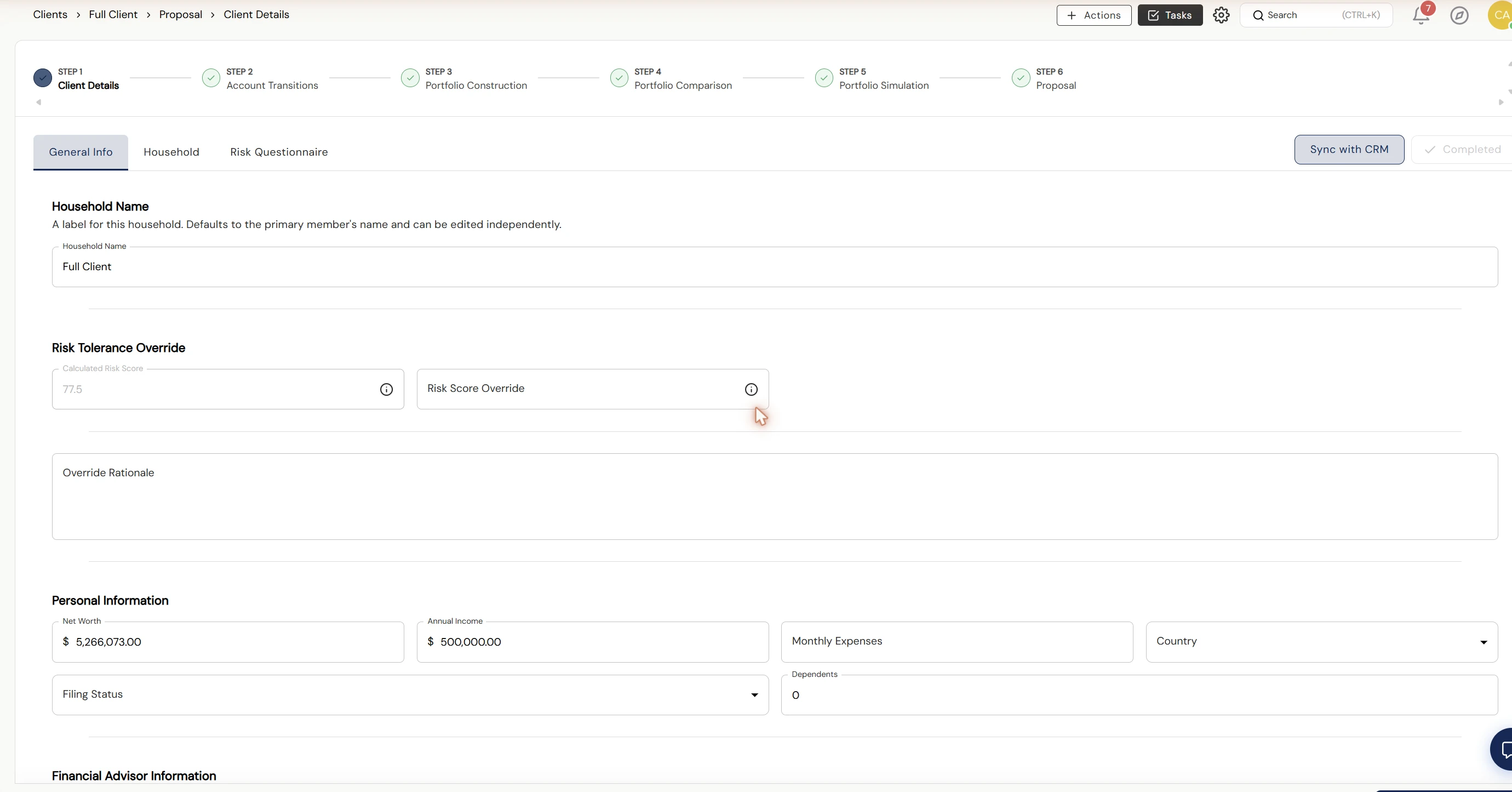 Investipal proposal workflow showing client details and portfolio analysis