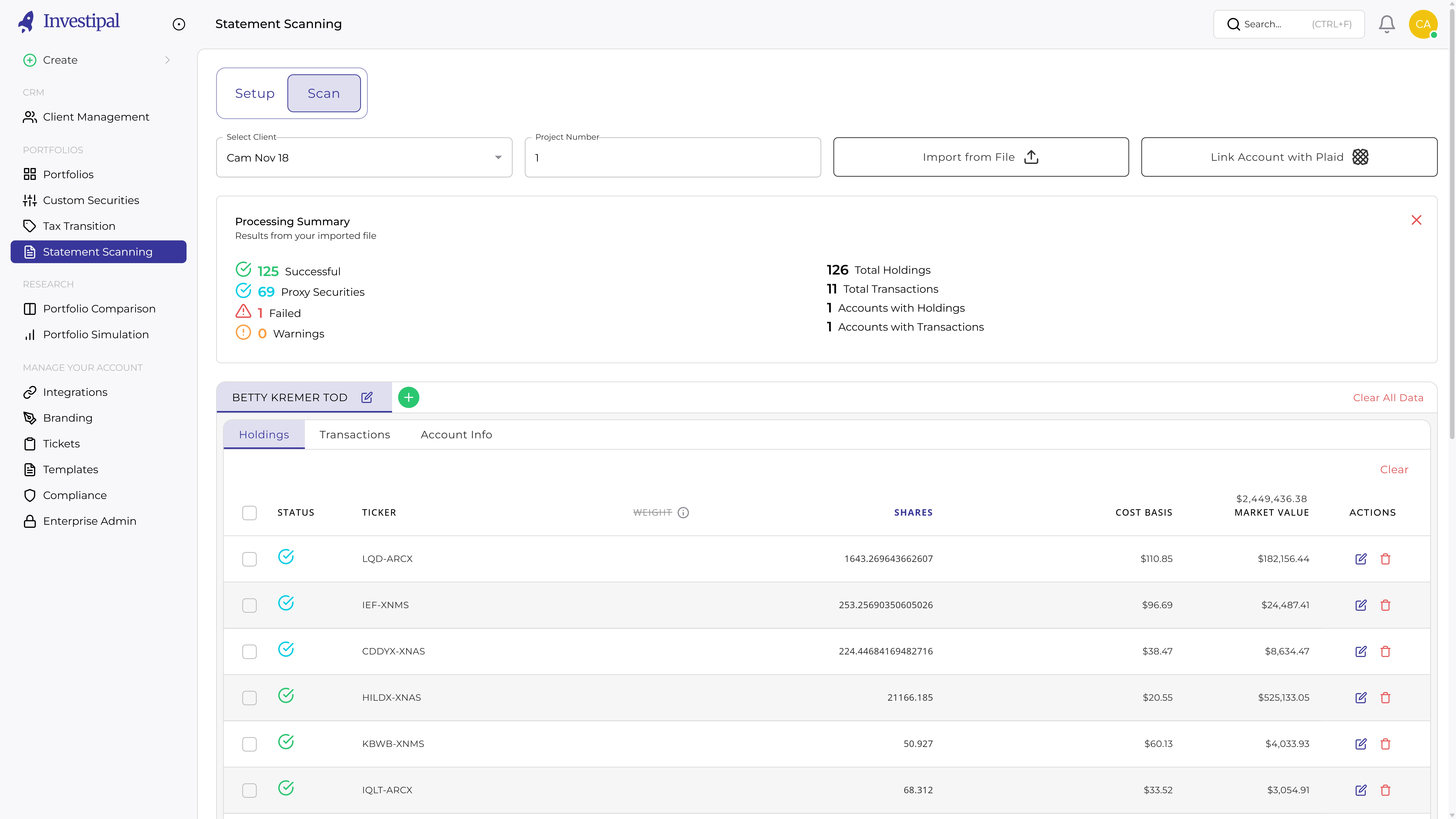 Investipal's statement scanner showing processing summary with 40 successful scans, detailed holdings table with tickers, shares, cost basis, and market value