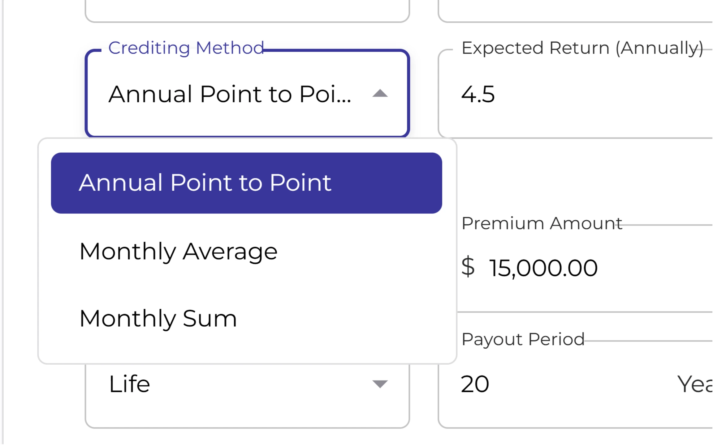 Annuity modeling interface showing crediting method selection, premium amount, and payout period configuration